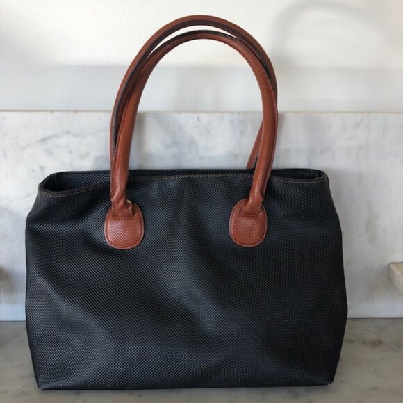 BOTTEGA VENETA Marco Polo Italian Black Pebbled Brown Accent Satchel …
